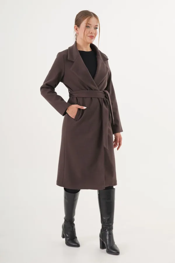 Beli Kuşaklı Astarlı Toptan Kahve Kaşe Kaban