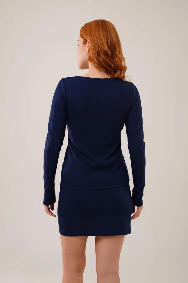 Çizgili Etek Düğmeli Bluz Toptan Lacivert Takım