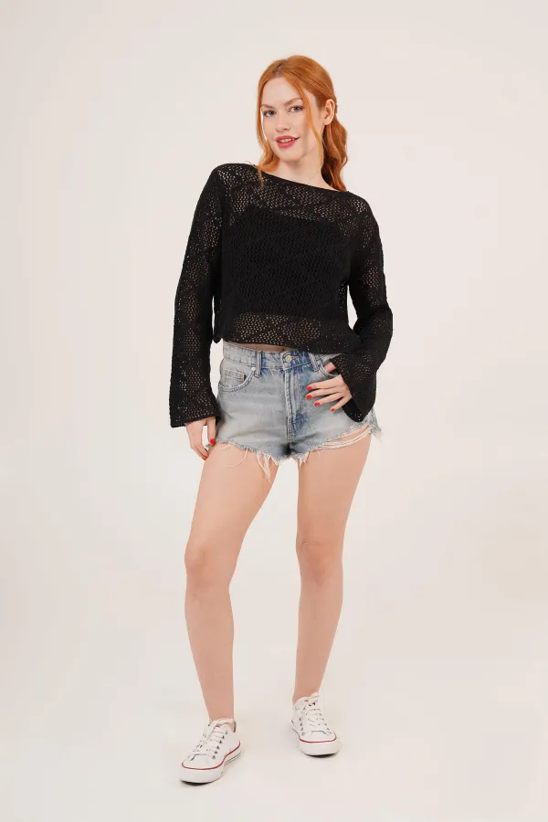 Kayık Yaka Volan Kol Detaylı Ajurlu Toptan Siyah Bluz