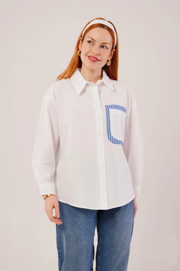 Çizgili Cep Detaylı Beyaz Toptan Gömlek