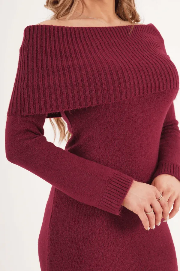 Madonna Yaka Toptan Bordo Triko Elbise