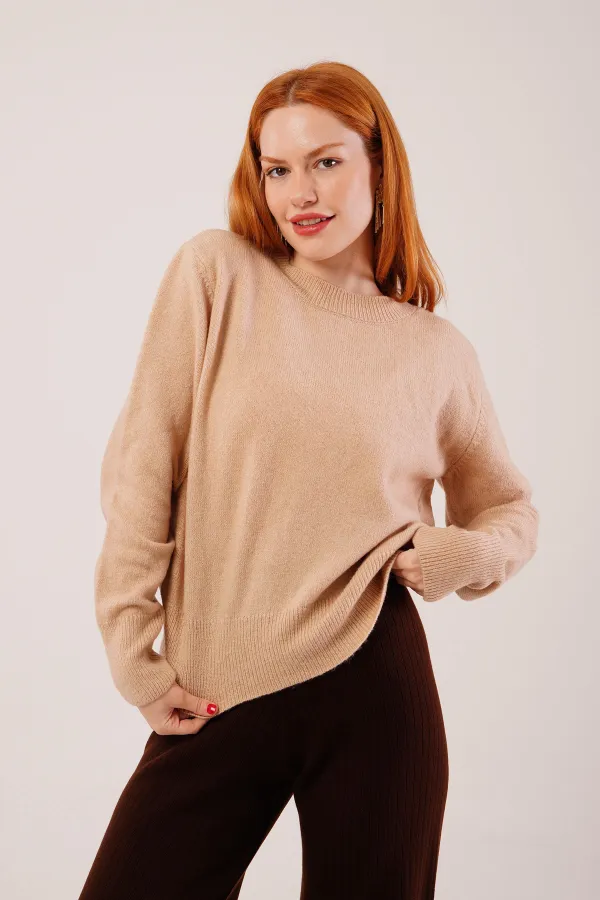 Bisiklet Yaka Düz Model Camel Triko Toptan Kazak