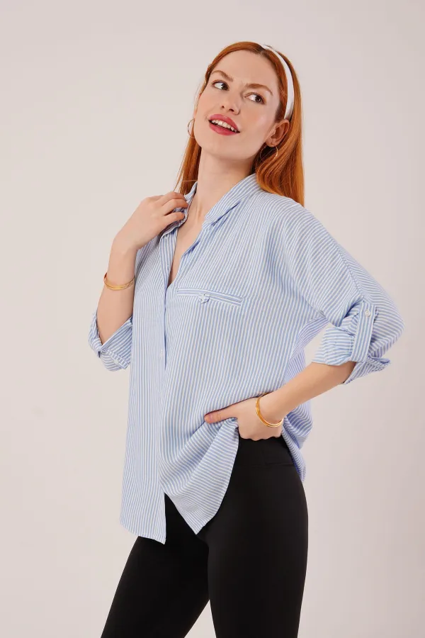 Cep Detay Mavi Oversize Çizgili Toptan Gömlek
