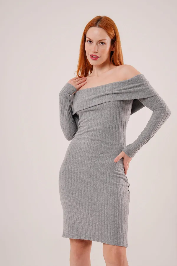Madonna Collar Corduroy Wholesale Gray Knit Dress