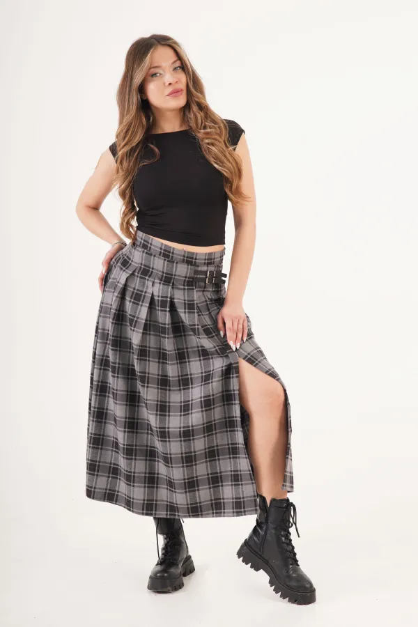 Kemer Detaylı Yan Yırtmaçlı Gri Ekose Toptan Uzun Etek