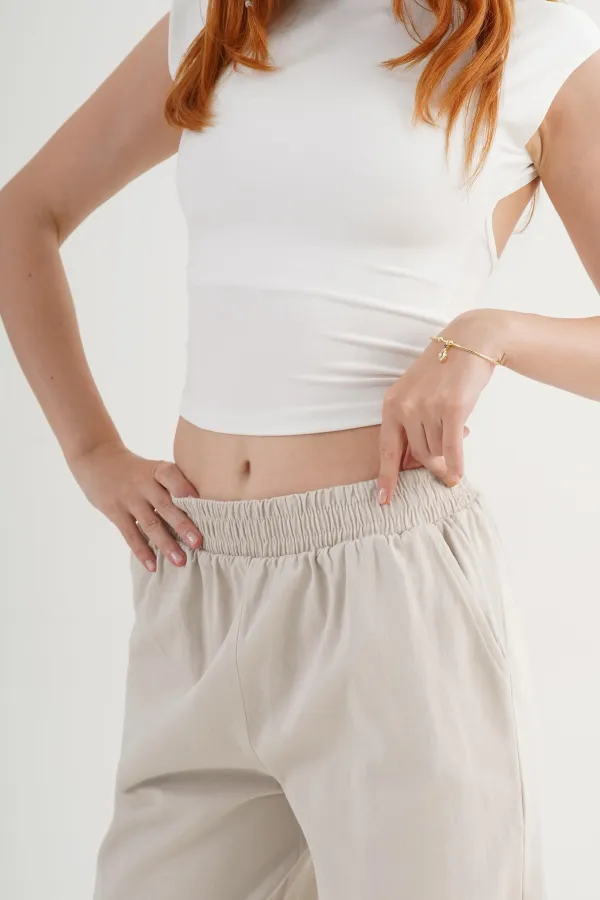 Bel Lastikli Paça Detaylı Cepli Toptan Taş Pantolon