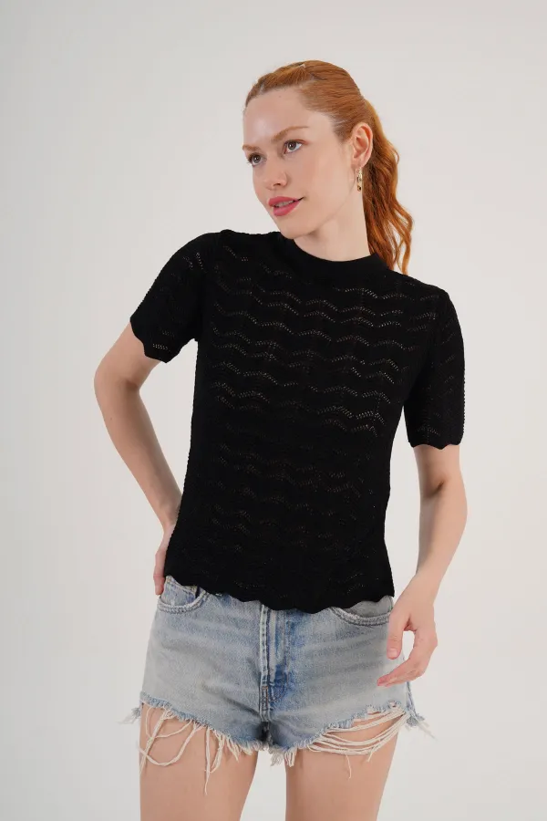 Knitted Model Short Sleeve Wholesale Black Knitwear Blouse