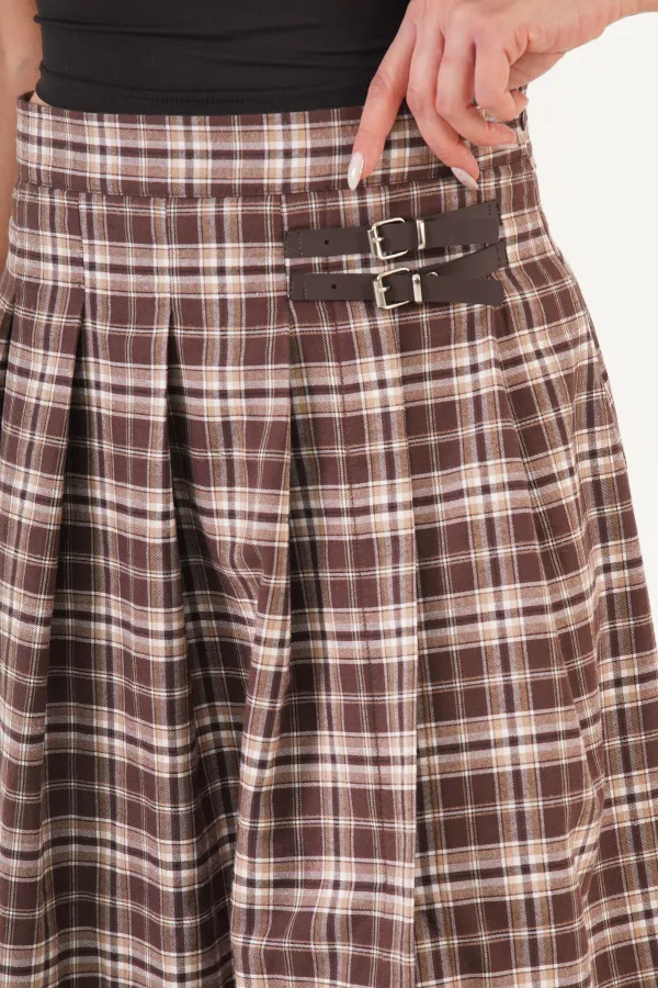 Kemer Detaylı Yan Yırtmaçlı Kahve Ekose Toptan Uzun Etek