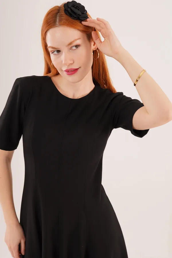 Dikiş Detaylı Kısa Kollu Toptan Siyah Uzun Elbise