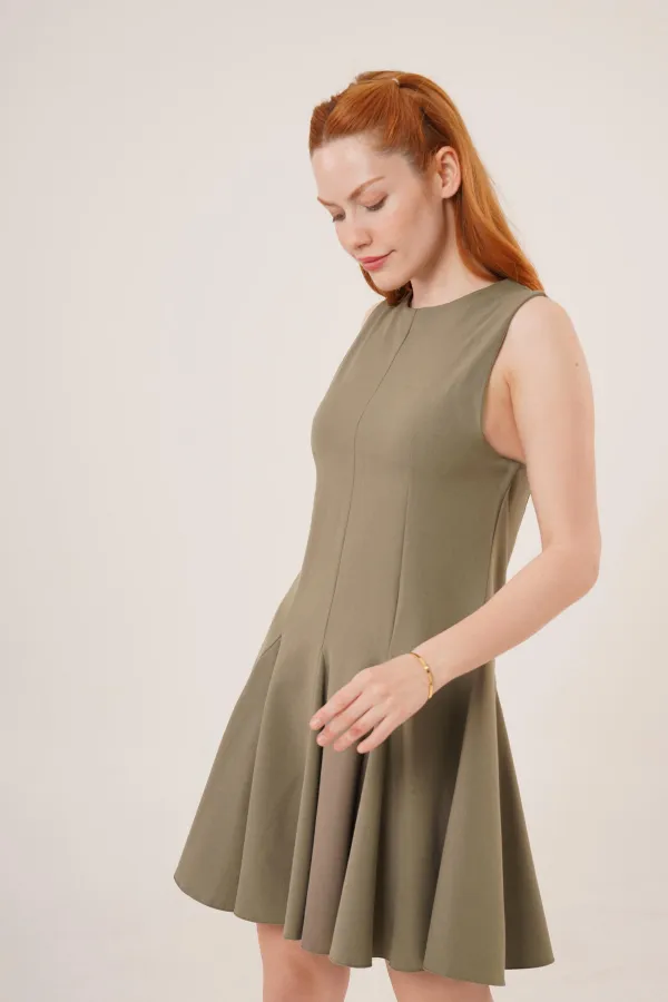 Sıfır Kol Pileli Toptan Haki Mini Elbise