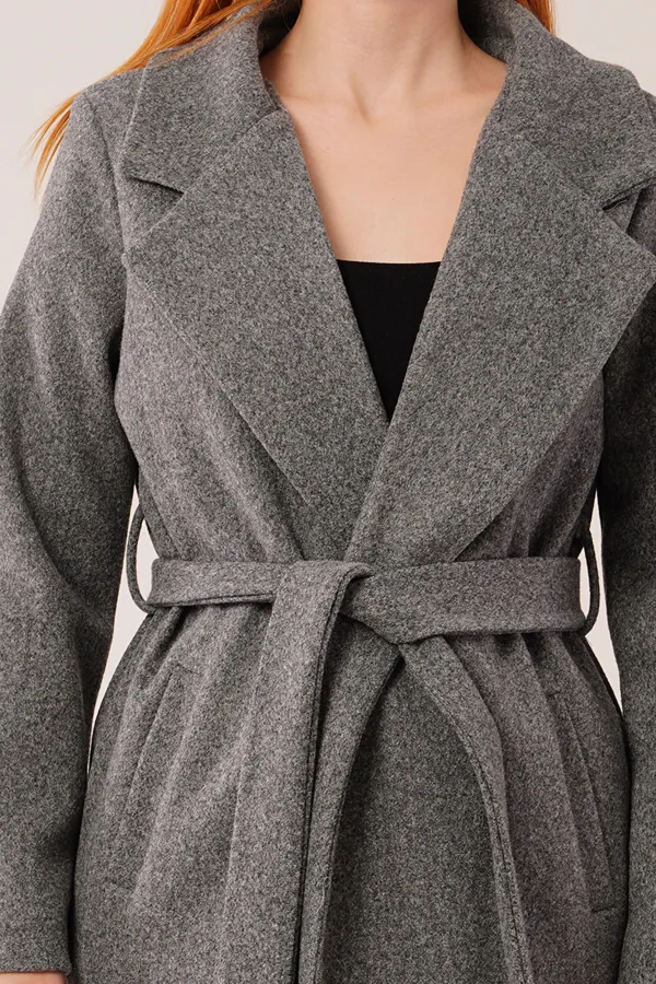 Beli Kuşaklı Astarlı Toptan Antrasit Kaşe Kaban