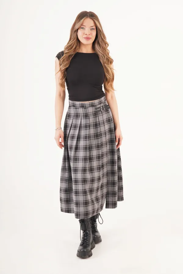 Kemer Detaylı Yan Yırtmaçlı Gri Ekose Toptan Uzun Etek
