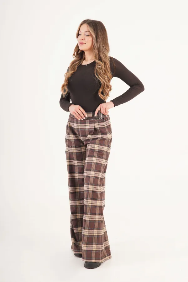 Pantalons à carreaux café en gros avec ceinture détaillée