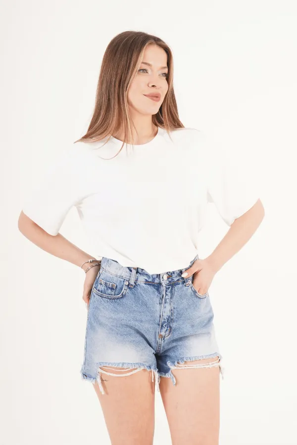 Short en jean taille haute et effet usé, vente en gros
