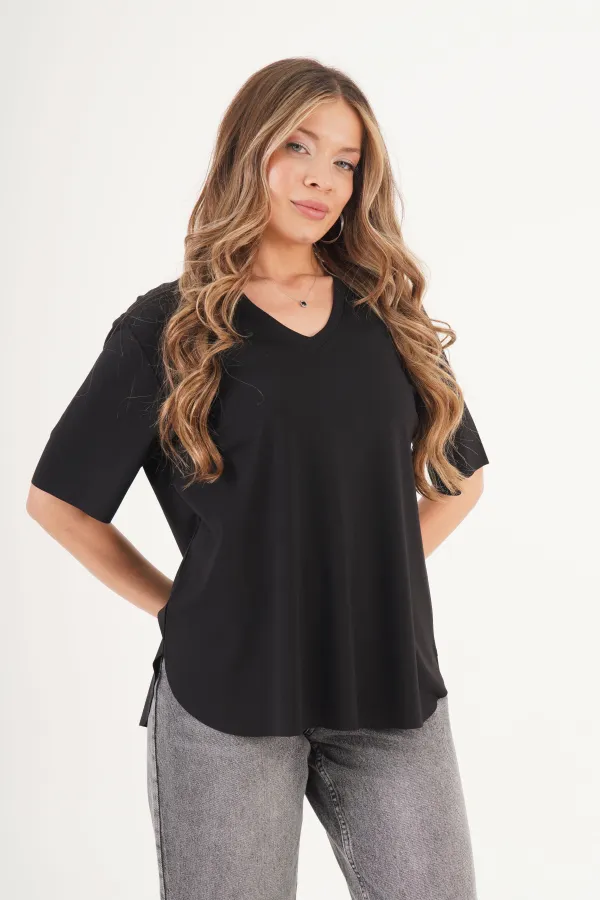 T-shirt noir basique à col en V sans couture, vente en gros