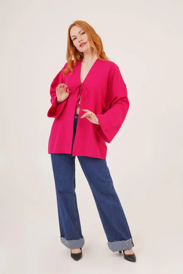 Önden Bağlama Detaylı İspanyol Kol Toptan Fuşya Tunik