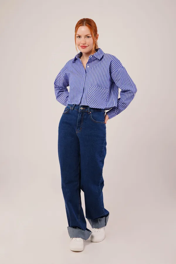 Crop Model Cepli Ve Çizgili Mavi Toptan Gömlek