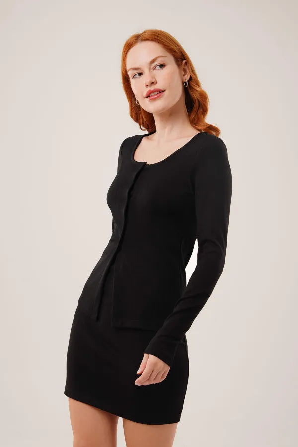 Çizgili Etek Düğmeli Bluz Toptan Siyah Takım