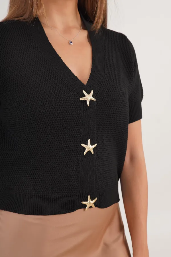 Yıldız Çıtçıt Düğmeli Kısa Kol Siyah Toptan Triko Hırka