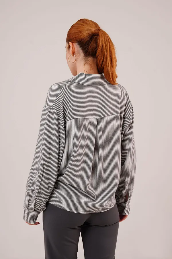 Yarasa Kol Çizgili Cep Detaylı Toptan Gri Gömlek