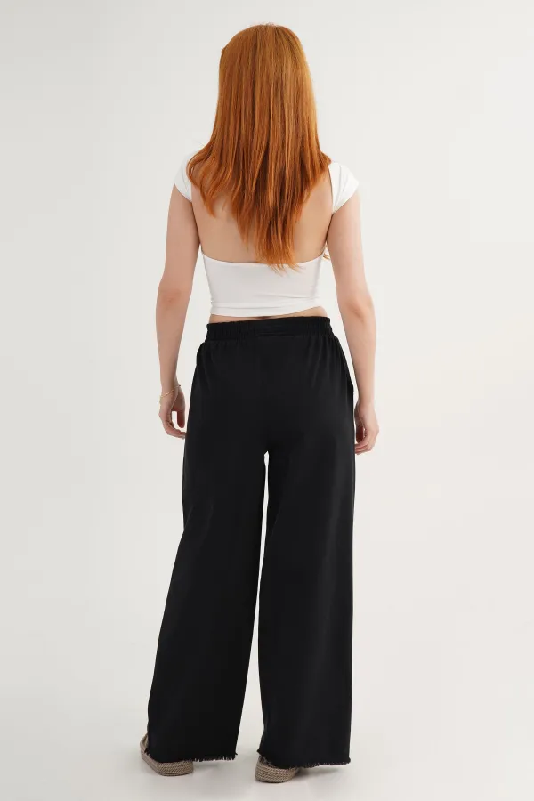 Bel Lastikli Paça Detaylı Cepli Toptan Siyah Pantolon