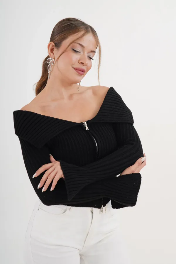 Madonna Yaka Full Fermuarlı Toptan Siyah Triko Bluz