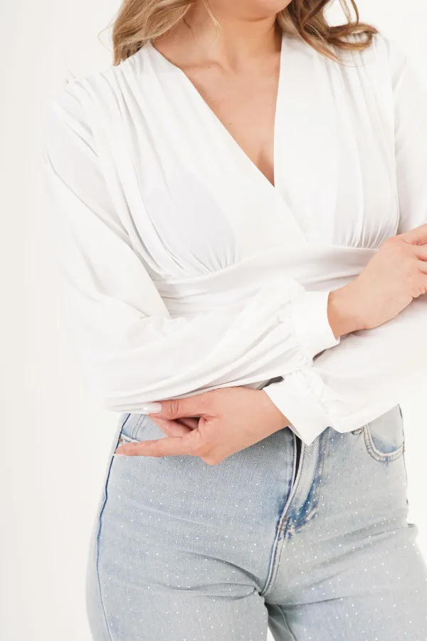 Göğüs Drapeli V Yaka Beyaz Toptan Bluz