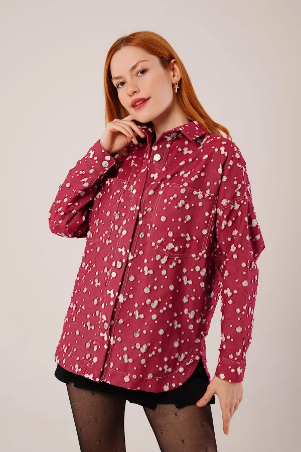 Eskitme Görünümlü Denim Toptan Bordo Gömlek