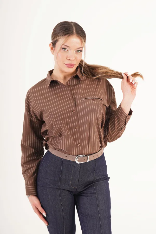 Kontrast Çizgili Kol Manşetli Kahve Toptan Gömlek