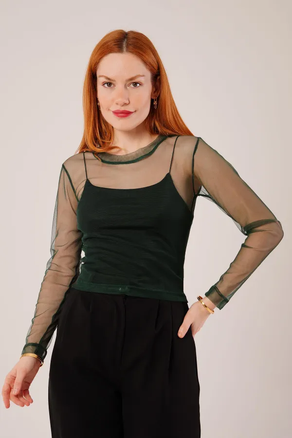 Chemisier basique en tulle vert transparent en gros