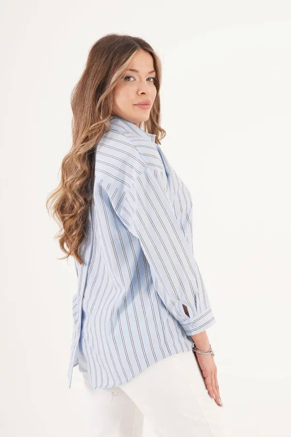Çizgili Arkası Düğme Detaylı Toptan Mavi Gömlek
