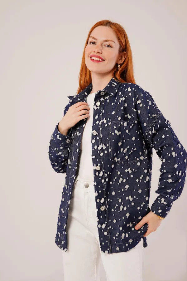 Eskitme Görünümlü Denim Toptan Mavi Gömlek