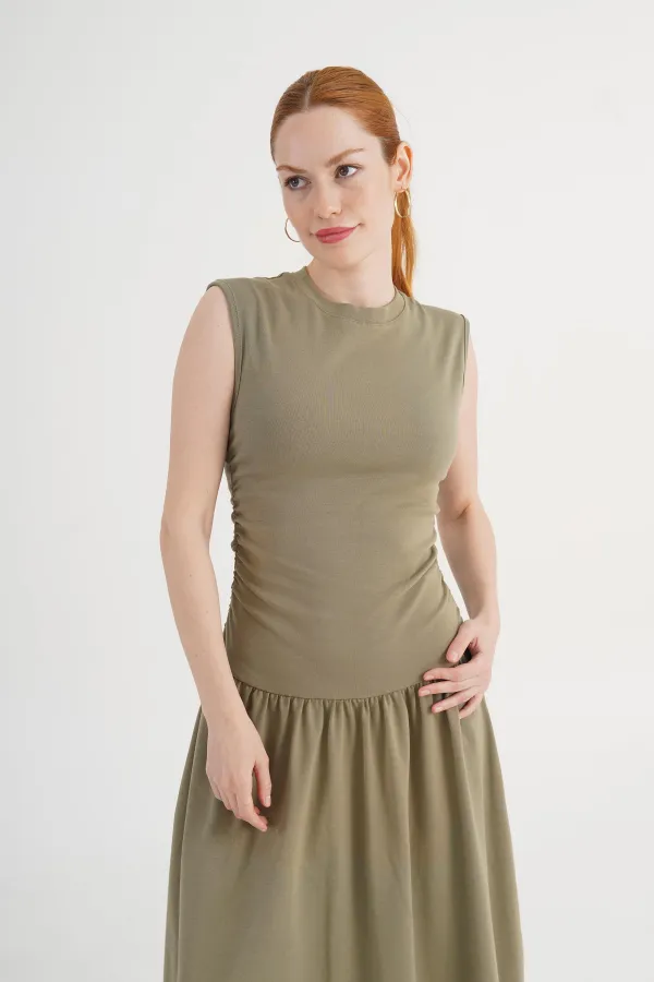 Khaki Wholesale Dress with Pleated Waist