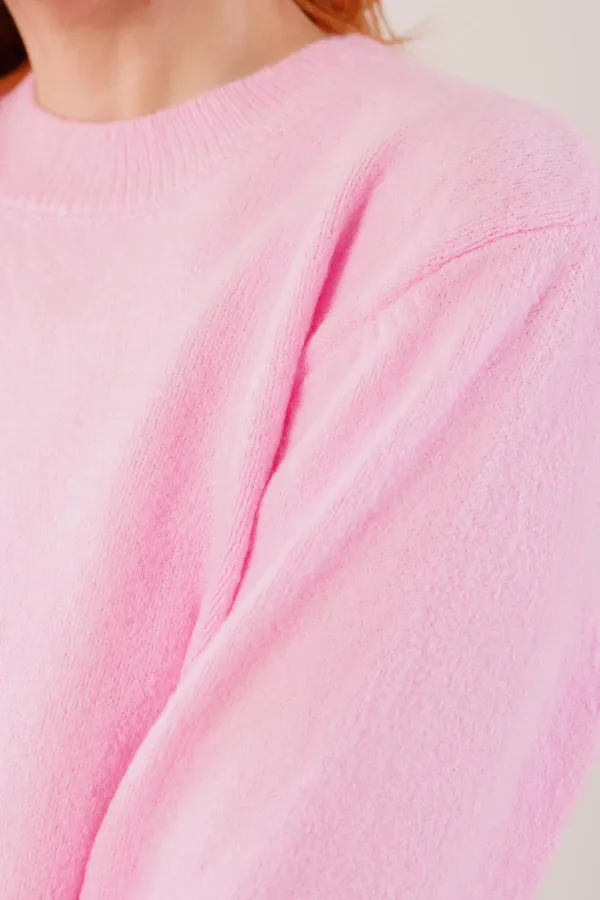 Bisiklet Yaka Düz Model Pembe Triko Toptan Kazak