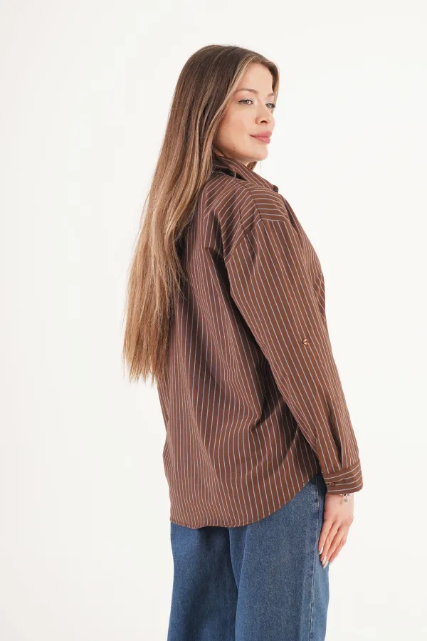 Kontrast Mavi Çizgili Kol Manşetli Kahve Toptan Gömlek