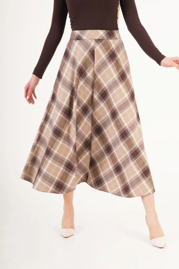 Kareli Yüksek Bel Trend Bej Toptan Etek