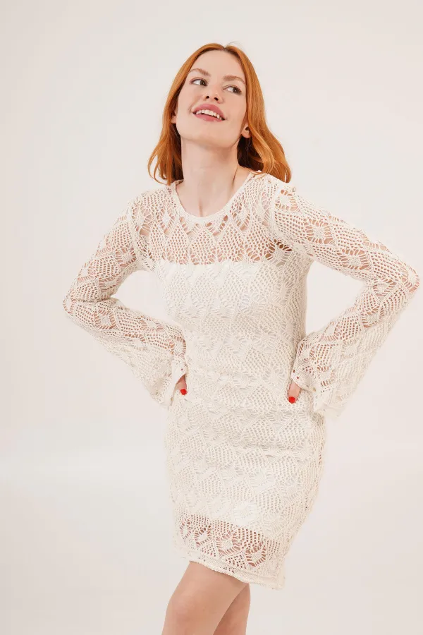 Openwork Boat Neck Wholesale Ecru Dress