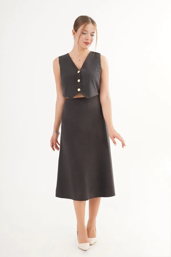 Ensemble gilet et jupe haut de gamme en daim noir, vente en gros