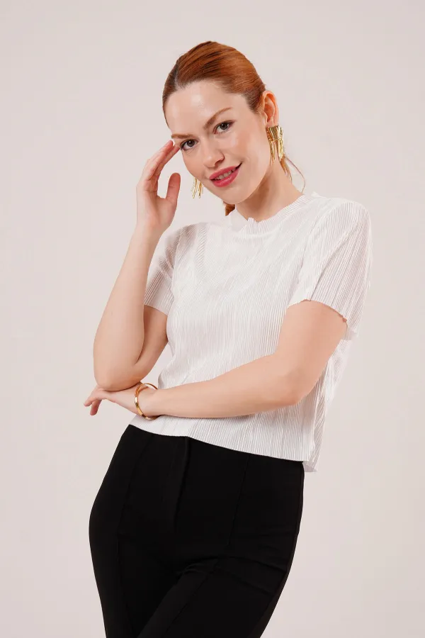 Fitilli Kısa Kollu Parlak Toptan Beyaz Bluz