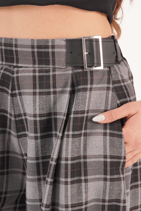 Pantalon à carreaux anthracite en gros avec ceinture détaillée