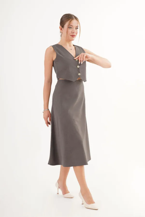 Premium Yelek Ve Etek Antrasit Süet Toptan İkili Takım