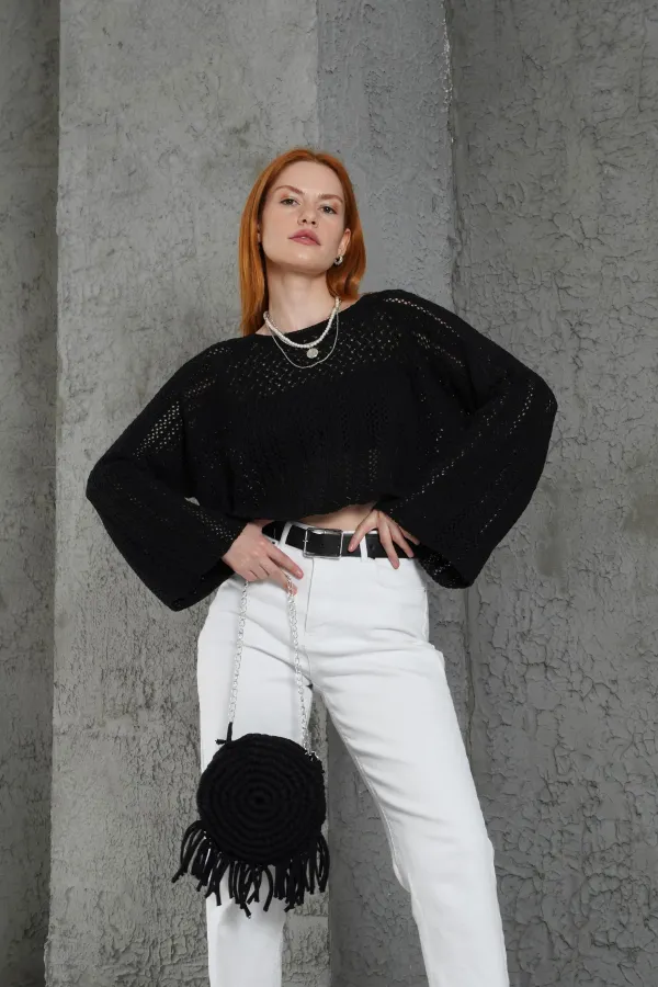 Ajurlu Bisiklet Yaka Siyah Toptan Bluz