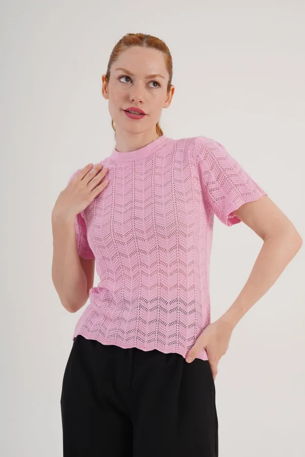 Örgü Model Kısa Kol Toptan Pembe Triko Bluz