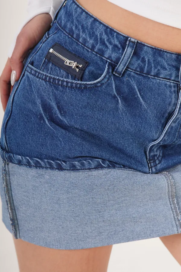 Ucu Katlama Detaylı Mavi Mini Denim Etek