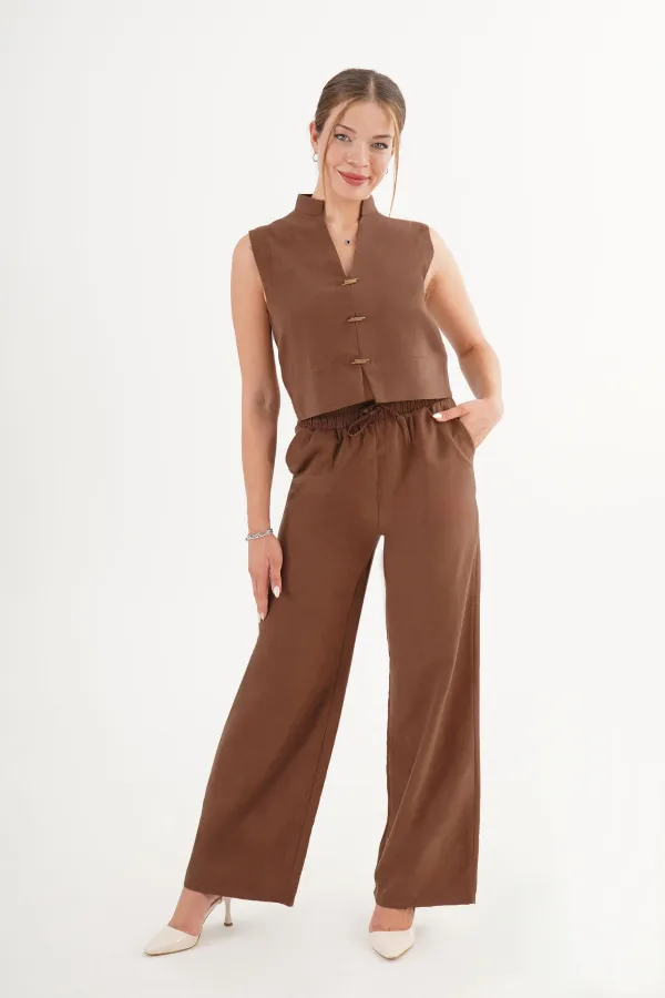 Kolsuz Yelek Bol Pantolon Süet Taba Toptan Takım