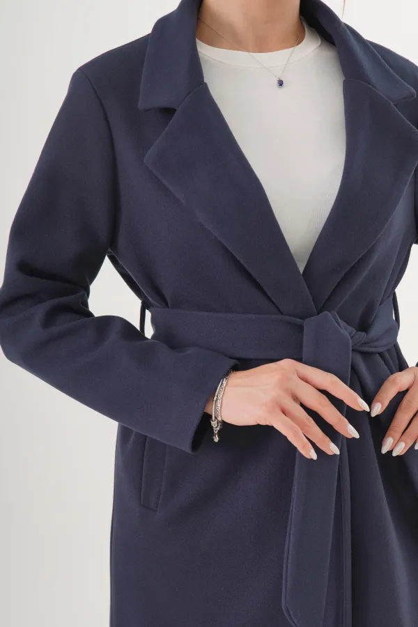 Wholesale Navy Blue Cashmere Coat with Belt and Lining