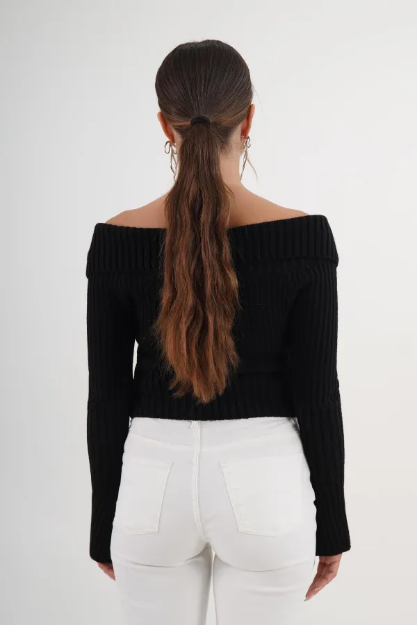 Madonna Yaka Full Fermuarlı Toptan Siyah Triko Bluz