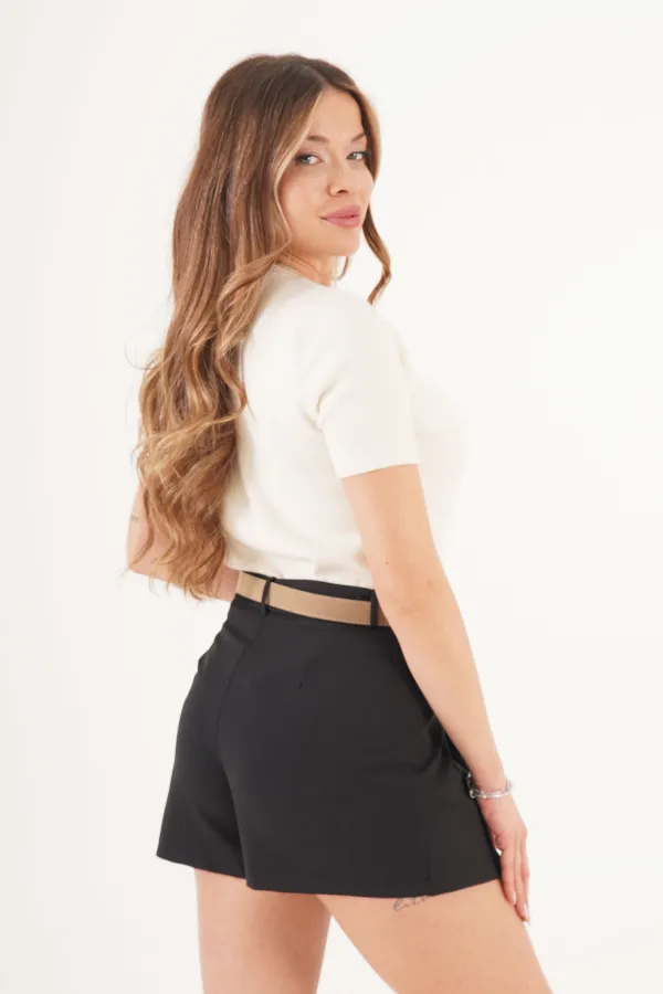 Kemerli Piliseli Siyah Mini Şort Etek