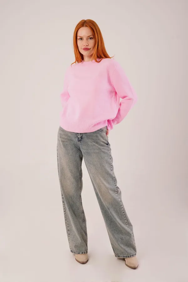 Bisiklet Yaka Düz Model Pembe Triko Toptan Kazak