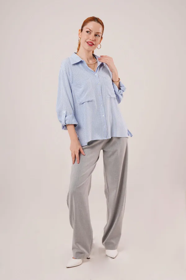 Yarasa Kol Çizgili Cep Detaylı Toptan Mavi Gömlek